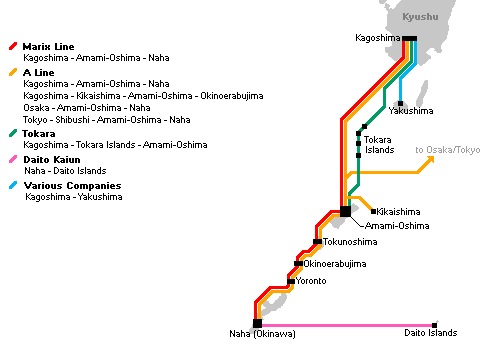 Okinawa et carte d'itinéraire de Ferry de Kagoshima