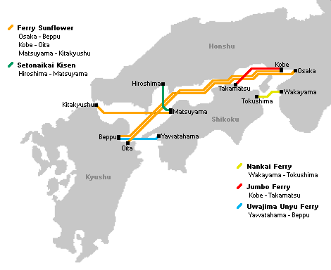 Japon de Seto mer intérieure (Seto Naikai) Ferry Route Map