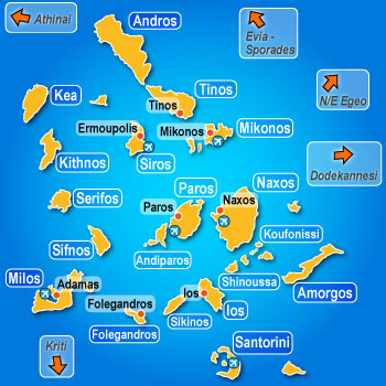 Carte d'itinéraire de Ferry de Cyclades