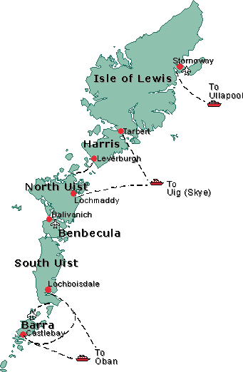 Carte d'itinéraire de traversier îles Hébrides